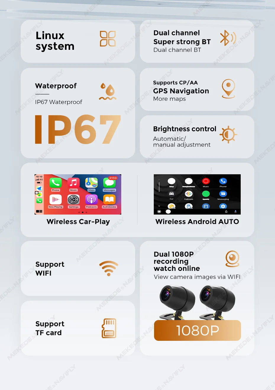 MEKEDE 6,25 zoll Tragbare Motorrad Navigation IP67 Wasserdichte Drahtlose Carplay Android Auto BT TF DVR Stick Recorder Moto Monit – Detail 2