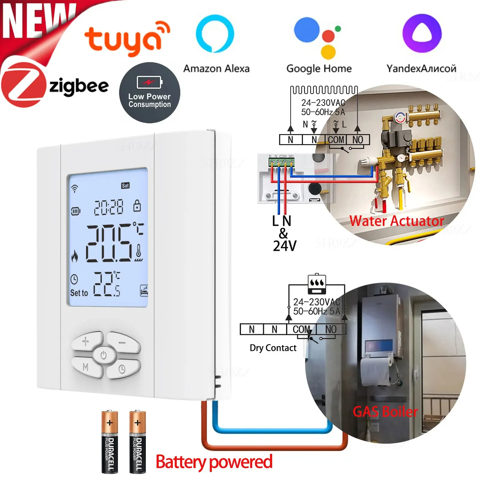 Tuya ZigBee Battery-Powered Smart Thermostat 2 Line for Water Gas Boiler Dry Contact Switch  Actuator with Alexa Google home