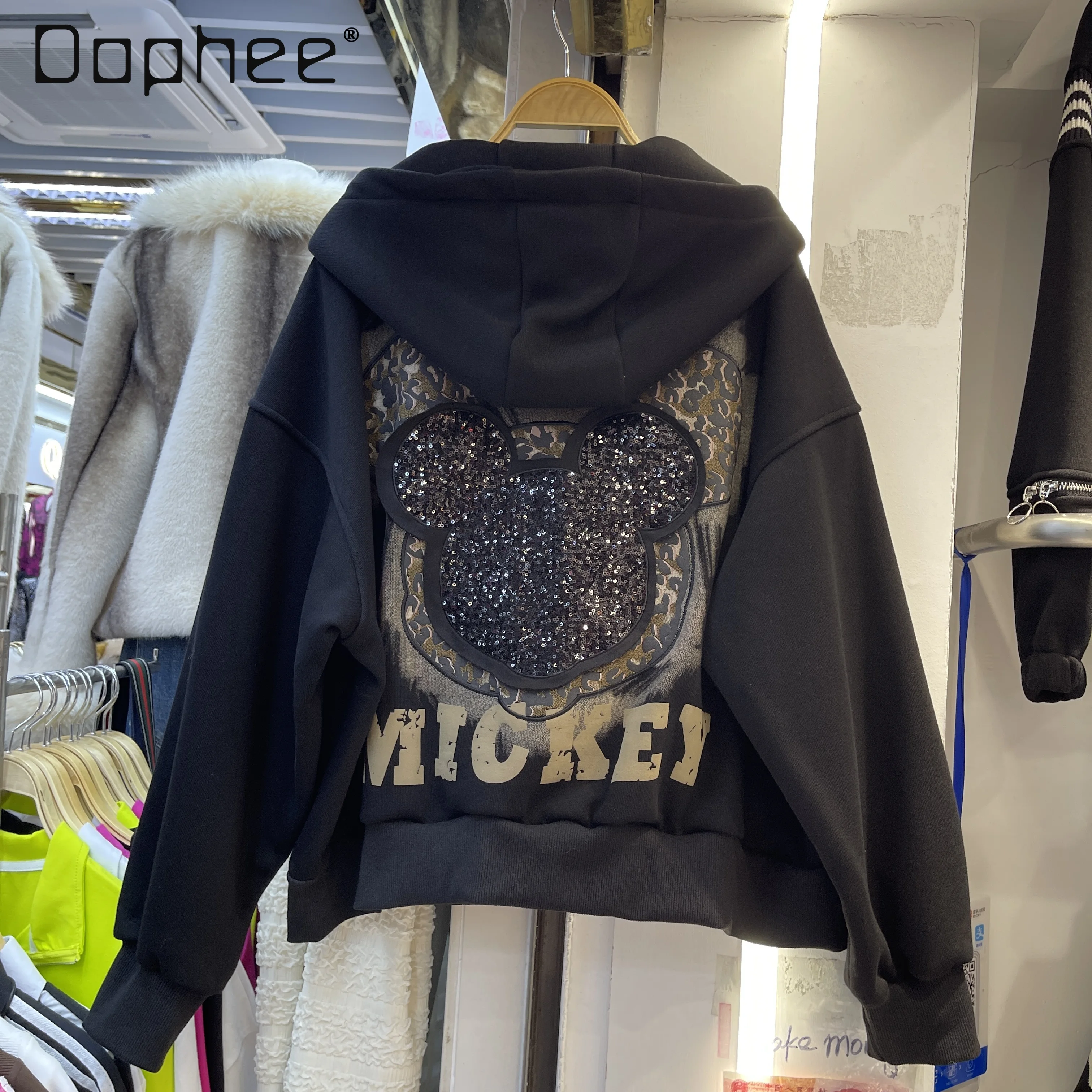 

Heavy Sequin Embroidery Cartoon Sweatshirt Jacket for Women Autumn Winter Zipper Cardigan Hooded Top Streetwear Women