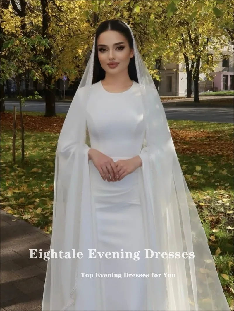 فستان زفاف عربي Eightale برقبة دائرية مخصص من الساتان العاجي قبعة إسلامية بأكمام طويلة فستان زفاف حورية البحر فستان حفلات العروس