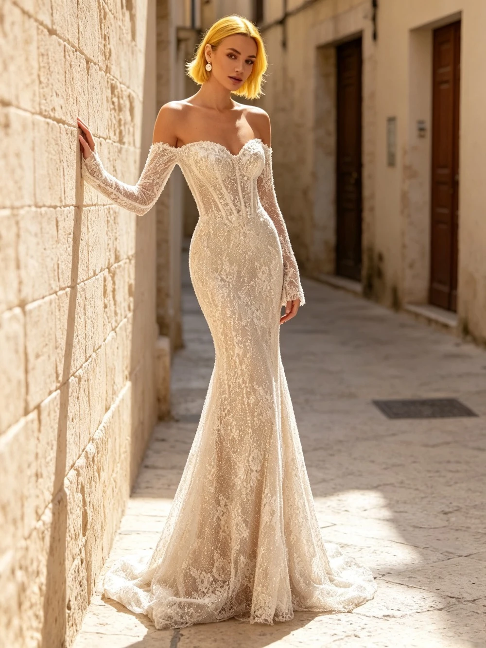 Customized Boat Neck Illusion Lace Mermaid Wedding Dress Full Sleeve Beaded Bridal Gown Elegant Fitted Vestidos De Novia