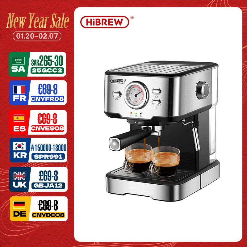 HiBREW Coffee Machine Cafetera 20 Bar Espresso Inox Semi Automatic Expresso Cappuccino Hot Water Steam Temperature Display H5