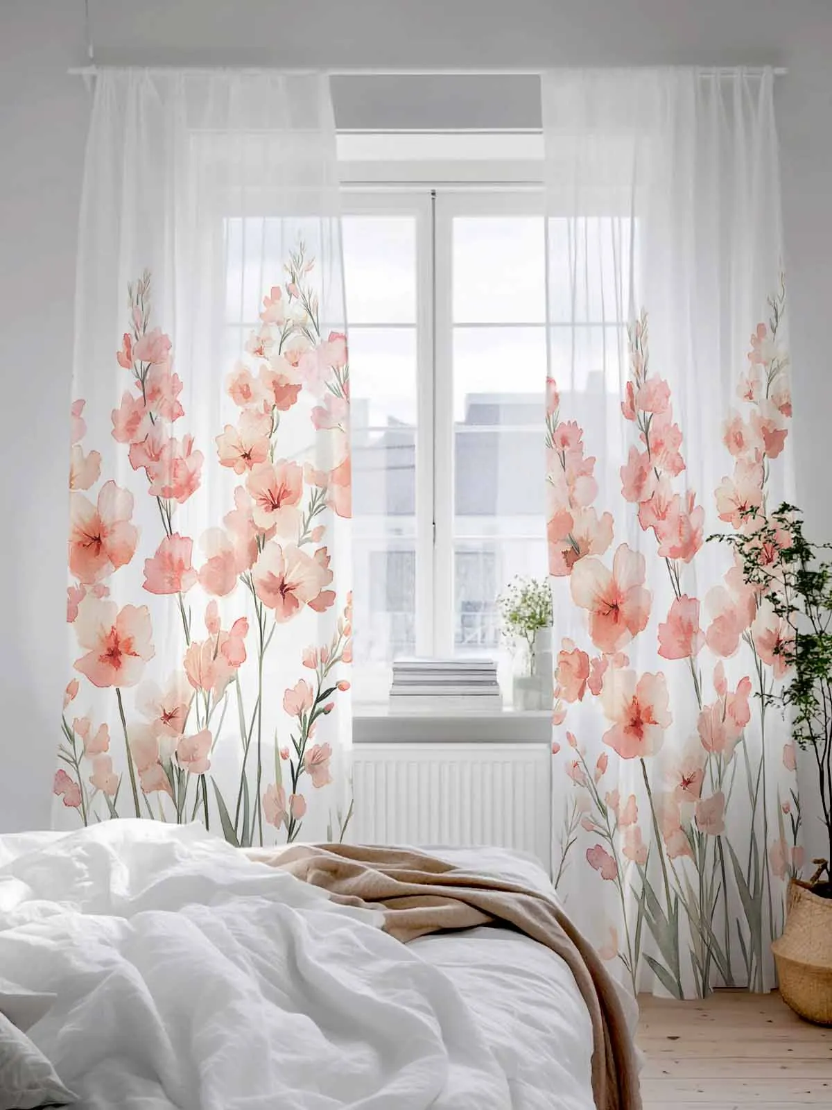 

Modernism Pink Flower Plant Sheer Curtains For Living Room Window Voile Tulle Curtain Bedroom Decoration