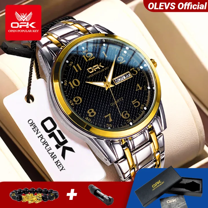 OPK 8110 Mens Watch Classic Quartz Watch Waterproof Luminous Dual Calendar Display Stainless steel Strap Man Watches