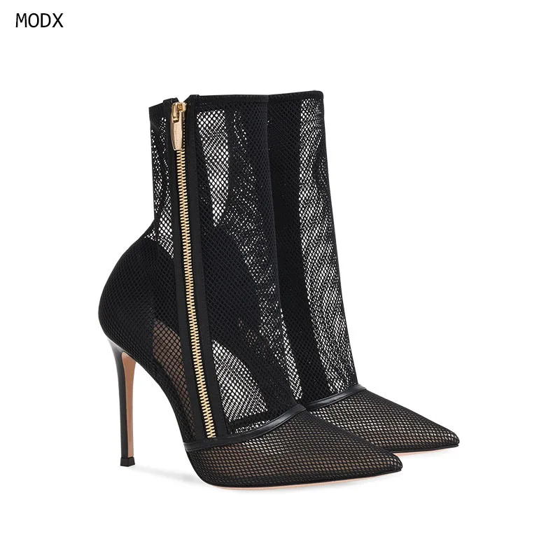 2026 Women Black Mesh Fishnet Ankle Boots Stiletto Heels Pointed Toe Side Zipper Booties for Summer Aanke Boots  Fashion  44