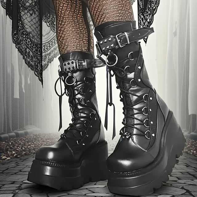 Brand New Ladies Goth Platform Boots Fashion Rivet Buckle Punk Wedges High Heels Women's Boots Party Street Cosplay Woman Shoes