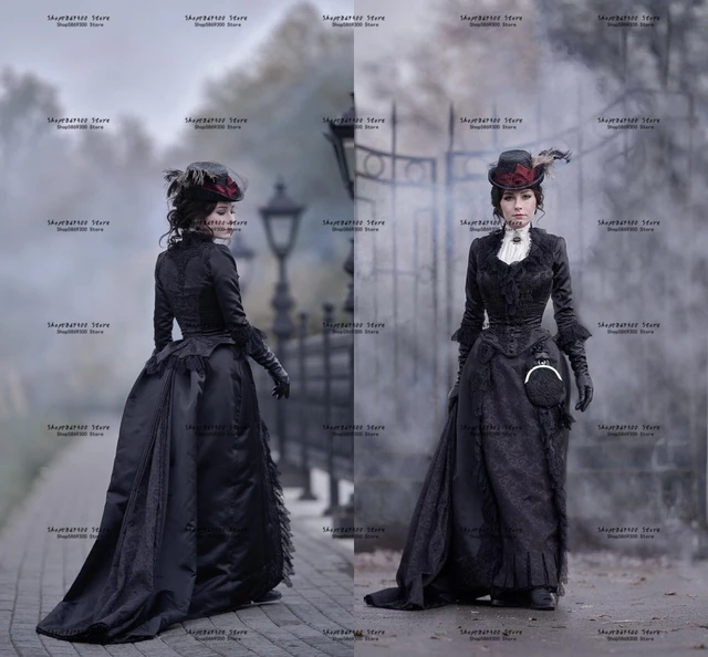 Victorian Steampunk Gothic Bustle Prom Dress With Train Long Sleeve Black  Lace Vintage Costume Vampire Ball Gown Evening Dress - Prom Dresses -  AliExpress