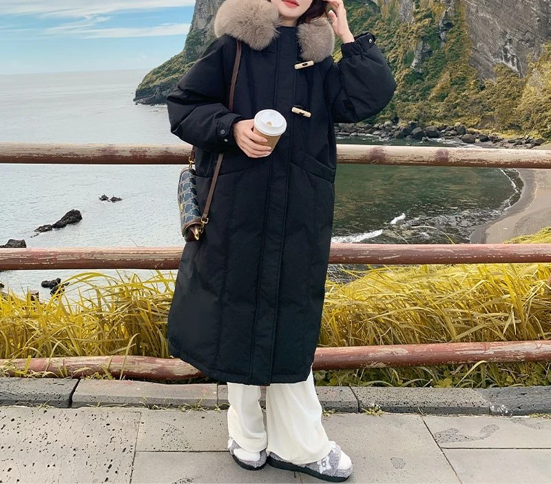 2025 Winter nieuwe verdikte jas lange knie over katoenen jas voor dames niche grote haarkraag