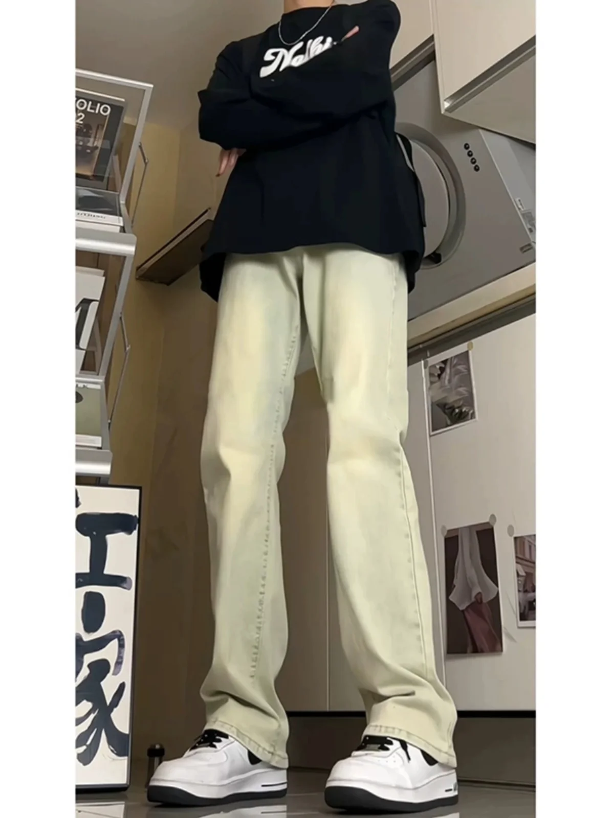 

Teenagers Fce Lined Denim Jeans Autumn Winter Men's Faion Yellow Earth Color American High Street Vibe Flared Pants