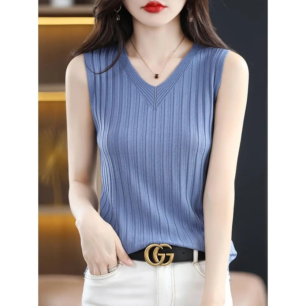 

Ice Silk V-neck Knit Camisole Women's Summer Wear Underneath Bottom Top Slim Sleeveless T-shirt Women Tank Tops