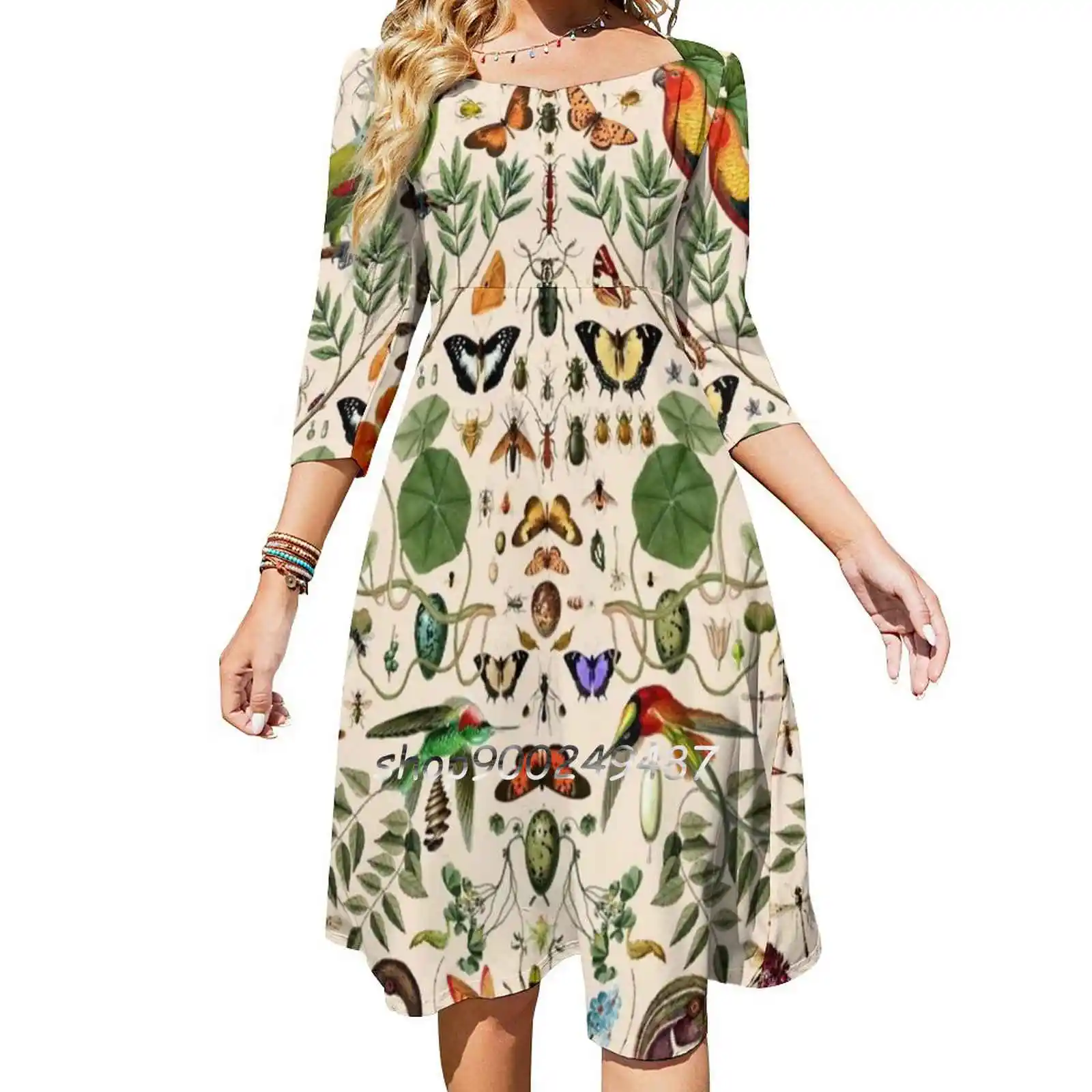 Biology 404 Square Neck Dress Sweet Summer Dress Women Multiple styles Print Dress Nature Butterflies Biology Seamless Detailed