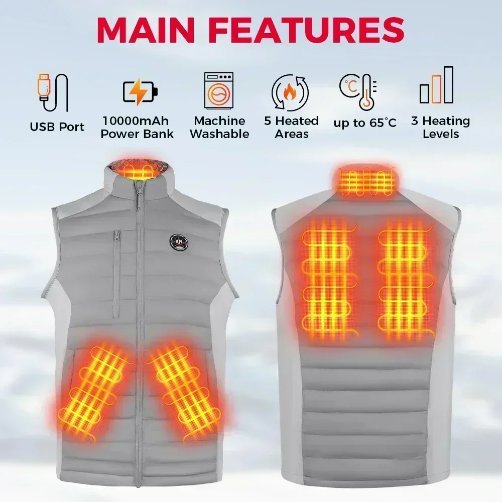 KEMIMOTO Heated Vest Thermal Jacket Electric Heating Hand Warmers Unisex 10000mAh Battery for Outdoor Golf Ski Camping Sports