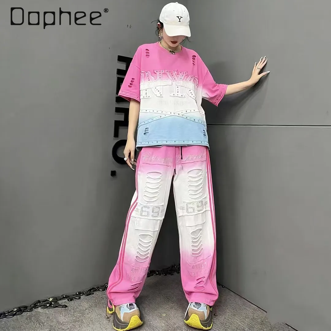 

European Trend Suit Women's 2026 Summer New Beads Fashion Gradual Change Hole Short Sleeve Top Loose Straight Pants