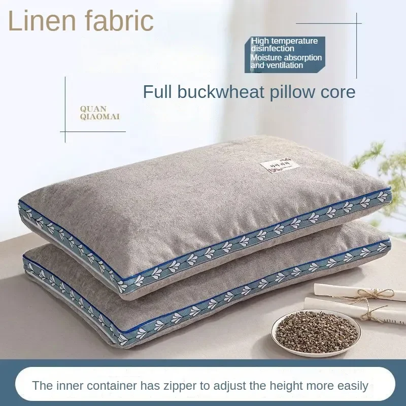 Natural Buckwheat Skin Pillow, Zipper Adjustable Height Neck Support Linen Pillow, Breathable and Cool Sleeping Bed Pillow