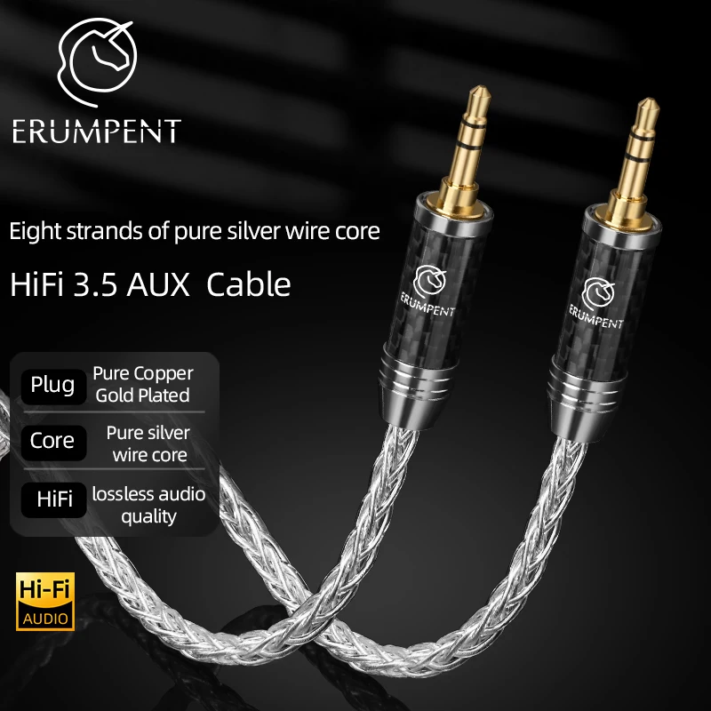 ERUMPENT Pure Silver HiFi 3.5mm Aux Audio Cable 8 Strands Pure Silver Core 3.5 Stereo to 3.5 Jack Adapter Cable for Phone AMP