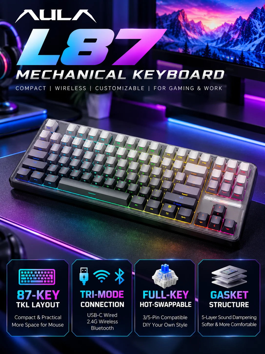 AULA L87 Mechanical Keyboard 87 Keys Tri Mode 2.4G Bluetooth Gasket Hot Swappable RGB 8000mAh PBT Keycaps