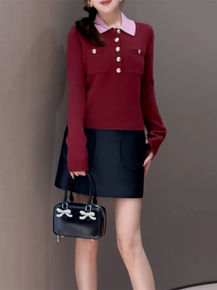 Haut de gamme Version européenne Sle automne hiver haut tricoté Long Sve col rabattu couleur Blo coupe ajustée Faionable irt