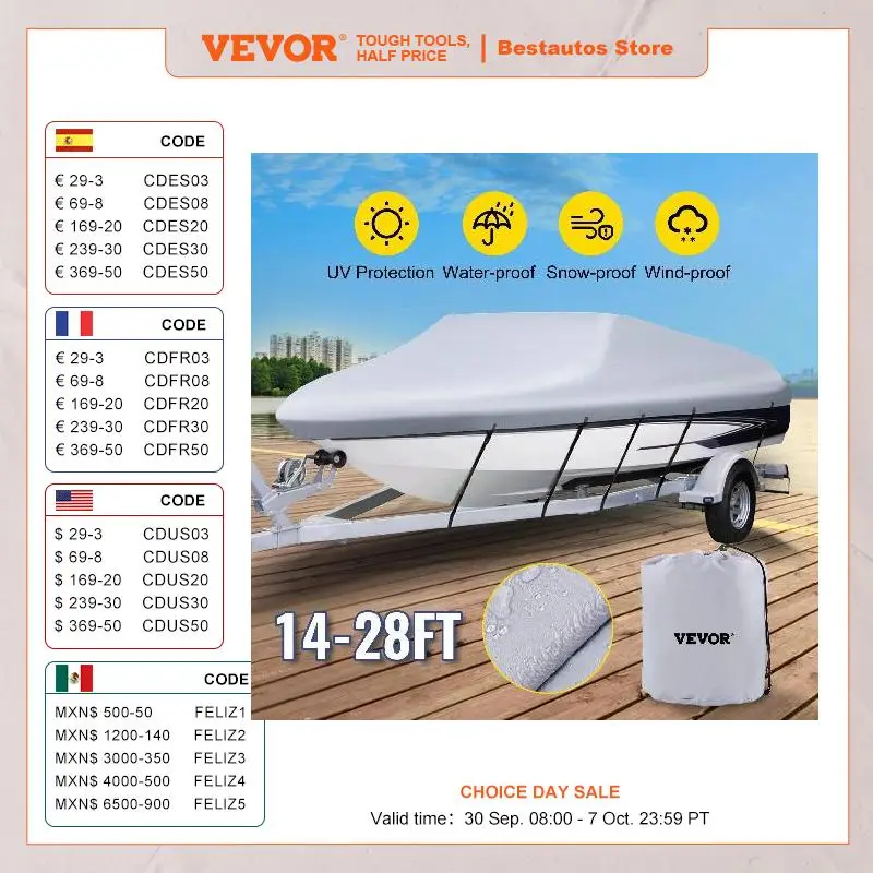 

VEVOR Чехол для лодки с V-образным корпусом длиной 14-28 футов 600D из 3-слойной ткани Оксфорд всесезонная защита с сумкой для хранения и регулируемыми ремнями 5шт