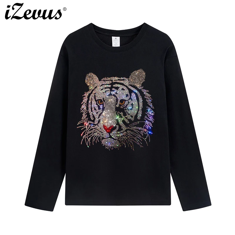 Shiny drill figure hot drilling tiger T-shirt High-quality ladies spring and fall long-sleeved bottoming leisure T-shirt