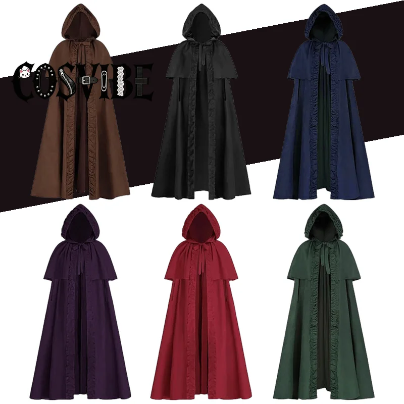 

New Medieval Hooded Cloak for Men Women Black Red Gothic Windproof Long Cape Halloween Carnival Party Witch Cosplay Costume