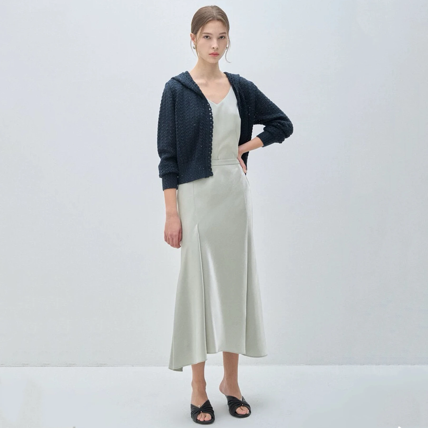 

Faionable Casual Knitted Hat Cheese Cardigan Hollow out Zipper Sle Slimming Open Cardigan Women's Long Sve Pure Color