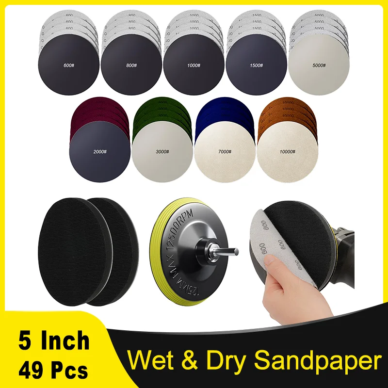 

49PCS 5 Inch 125 MM Hook and Loop Wet Dry Sanding Discs Kit 600-10000 Grits with 5/8-11 Drill Adapter for Wood Metal Car Polish