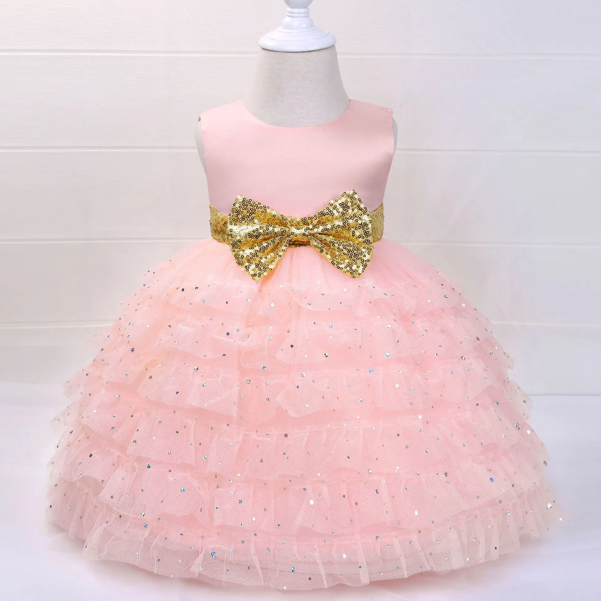 Beadings Mesh Bow Princess Dress Summer Kids Party Daily Dresses for Girls Toddler Girl Birthday Clothes