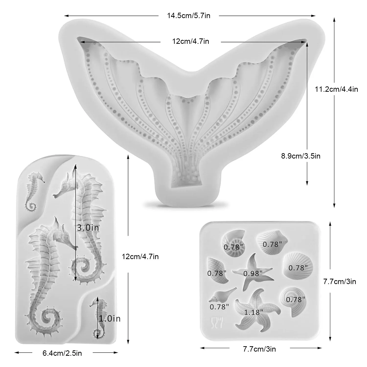 Mermaid Cake Fondant Mold, 3 Pcs Seahorse Seashell Starfish Mermaid Tail Silicone Mold Shells Baking Molds for Cake Decoration