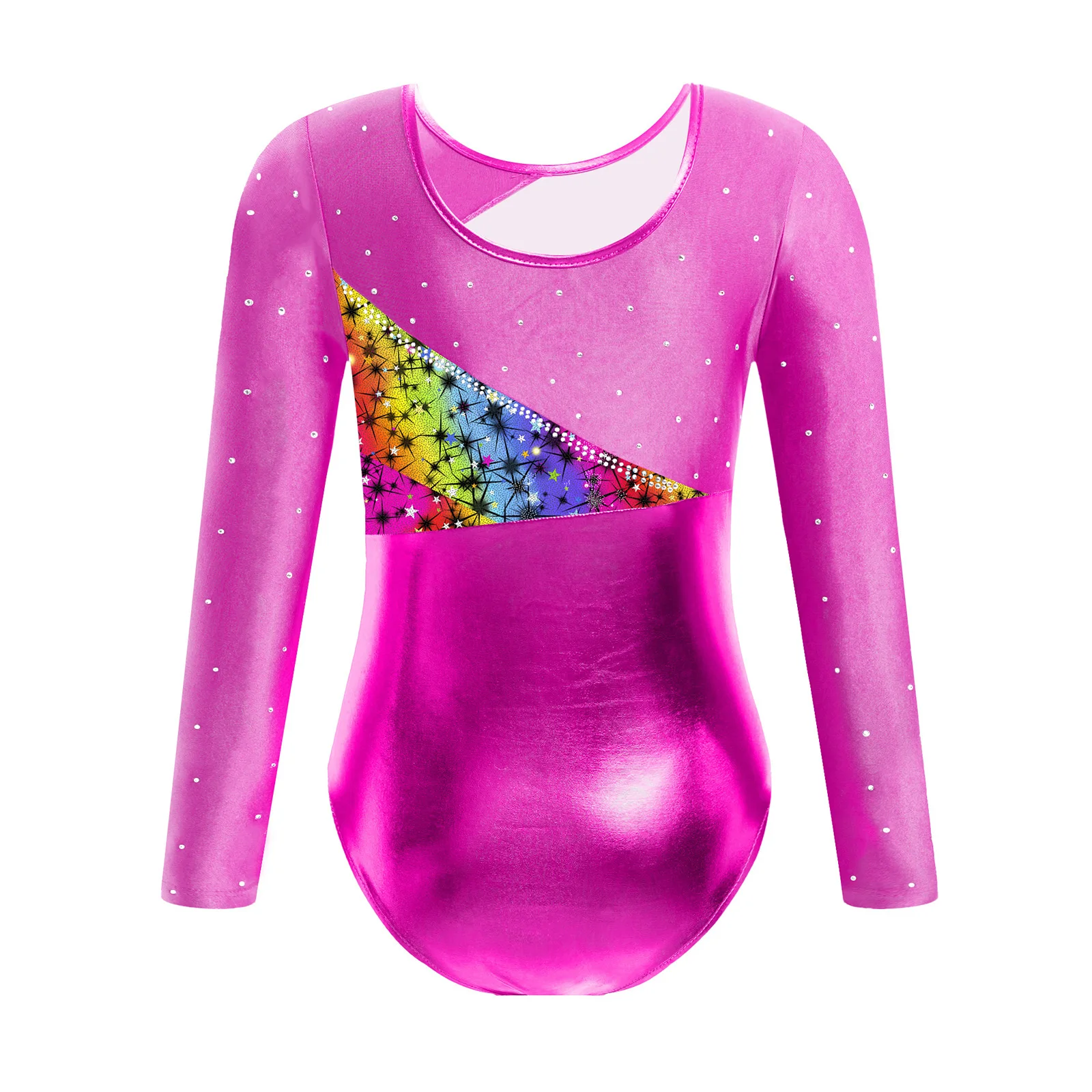 Kids Girls Rhythmic Gymnastics Leotard Figure Skating Acrobatics Performance Costume Rhinestones Long Sleeve Metallic Bodysuit