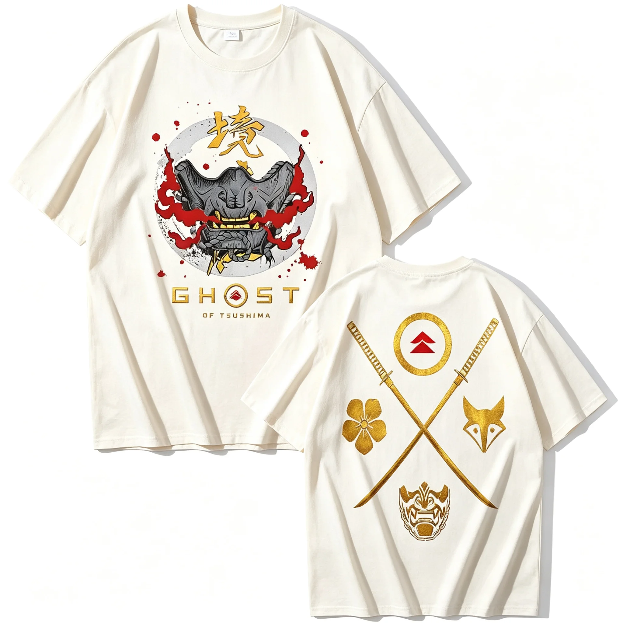 2026 Japanese Samurai Mask Katana Graphic T Shirt, Pure Cotton Short Sleeve Vintage Oriental Warrior Casual Tops for Kids Adults