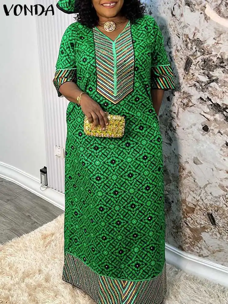 

2024 VONDA богемные платья женские Макси Сарафан с принтом летнее платье винтажное повседневное Свободное длинное платье с V-образным вырезом и рукавом до локтя для женщин