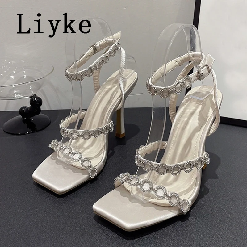 Liyke Elegant Women Wedding Party Sandals Fashion Design Crystal Chain Square Toe Gladiator High Heels Summer Shoes Ladies Green