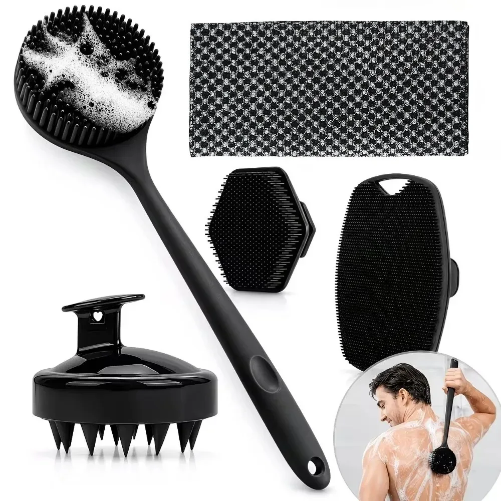 5/4/3/2/1Pcs Body Bath Brush Set Long Handle Back Shower Brush Silicone Exfoliating Scrubber Shampoo Scalp Massager Bathroom