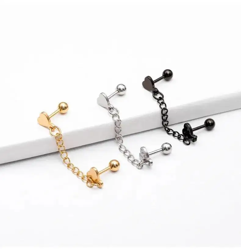 1/3pcs Stainless Steel Love Heart Double Ear Hole Cartilage Tragus Helix Stud Earrings With Chain Fashion Piercing Jewelry
