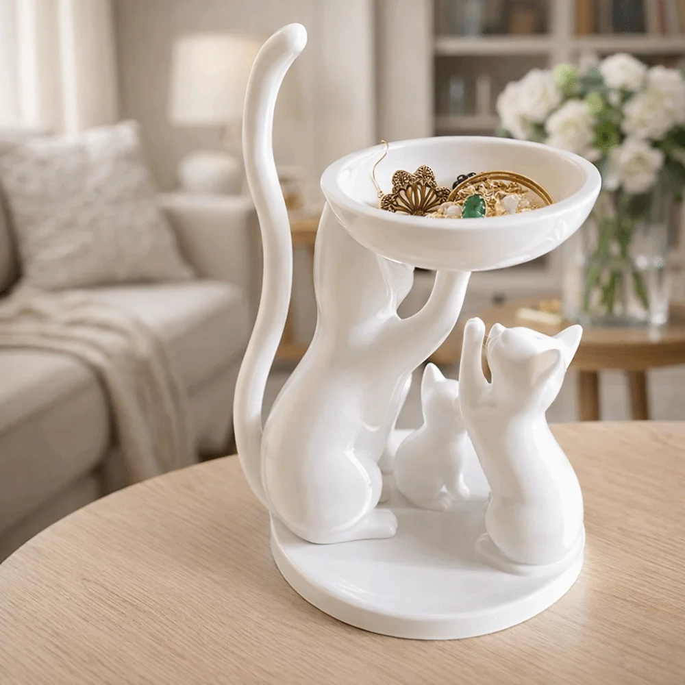 Cute Cartoon Cat Jewelry Tray 3D Printed Cat Family-Shaped Jewelry Storage Tray Decorative Space Saving Key Tray Bedroom Decor