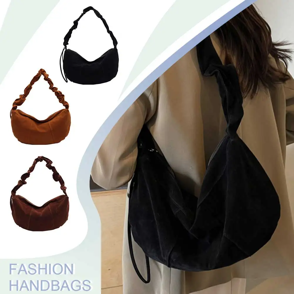 حقيبة كتف نسائية من جلد الغزال حقيبة هلال مكشكشة مع حزام قابل للتعديل ومحفظة كروس متعددة الجيوب بمقبض صغير للسفر في العمل