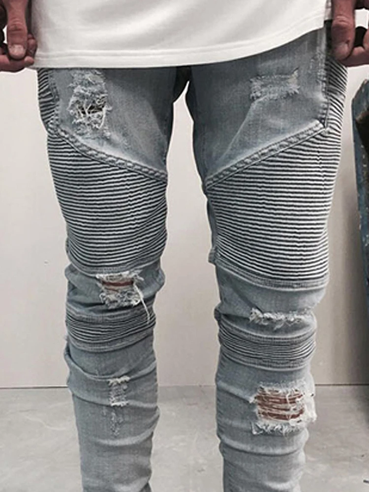 

Модные байкерские джинсы для мужчин: эластичные, с эффектом помятости, с дырками, облегающие, повседневные, из хлопка, полиэстера и спандекса, длинные брюки