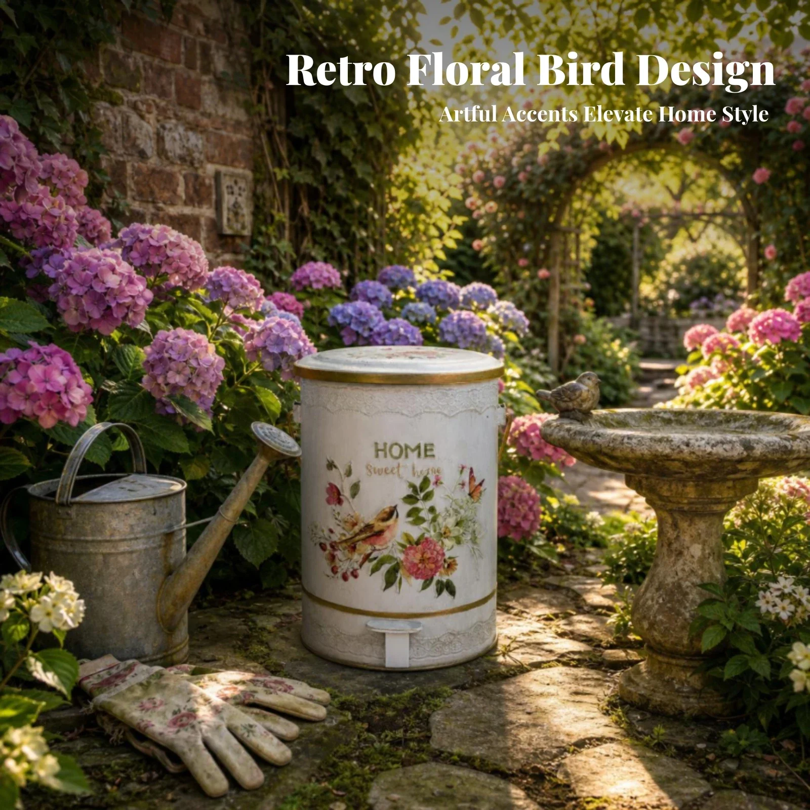 yesCarrying Handle Floral Print Pedal Trash Can Embossed Home Storage Waste Bin Step Trash Can