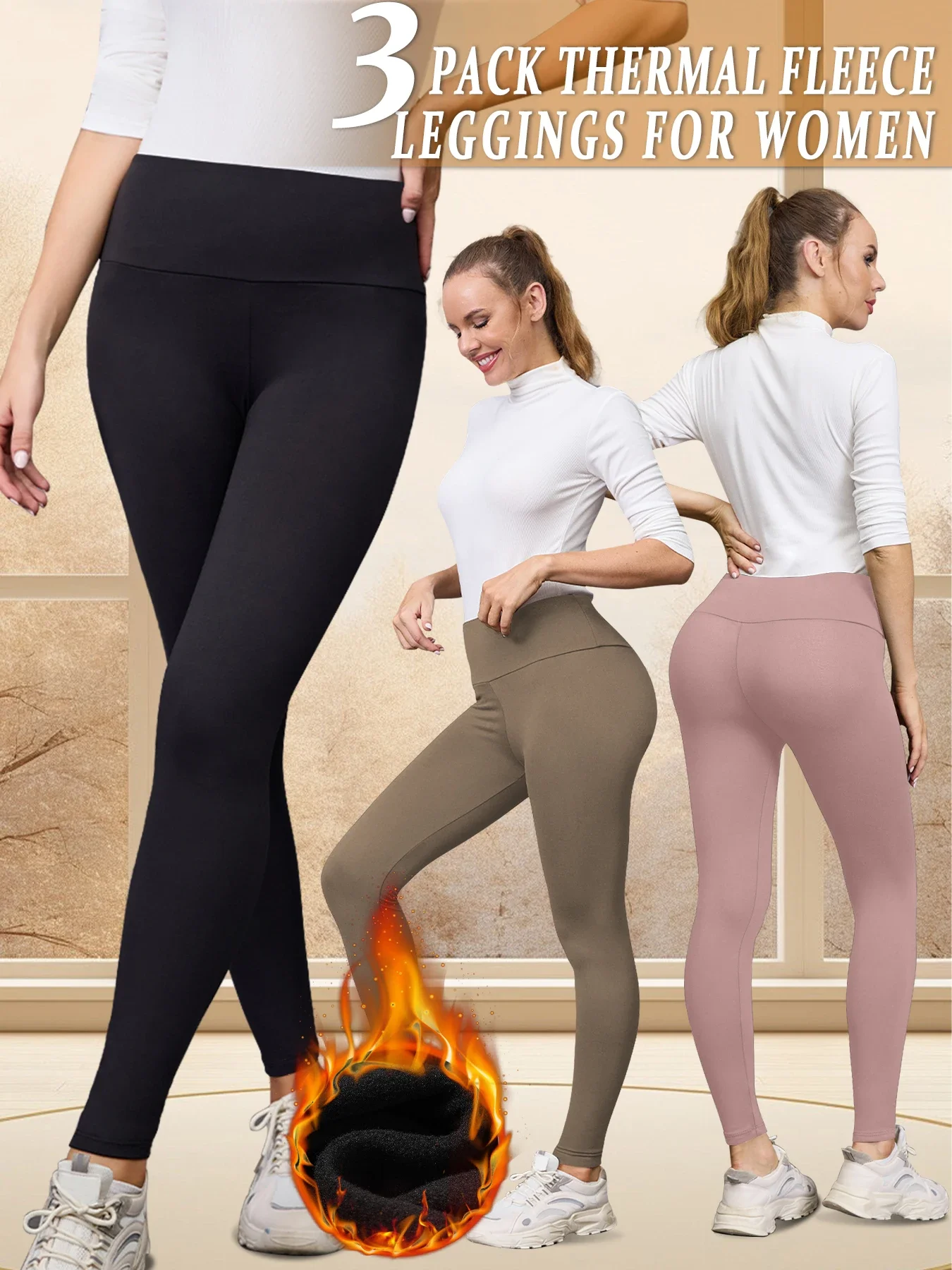 

3 Pack Womens Thermal Fleece Lined High Waisted Leggings. Workout Winter Warm Thick Tights Soft Yoga Pants