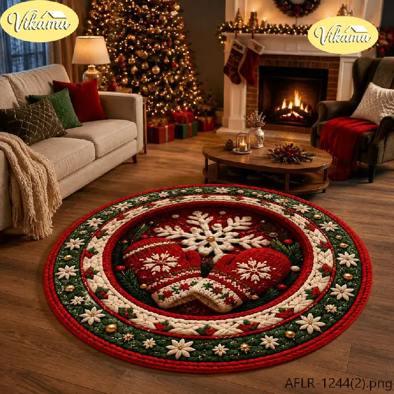 VIKAMA Christmas Round Rug Christmas Mittens Snowball Gold Bell Area Rug Living Room Holiday Home Decor Aesthetic Art Large Cute