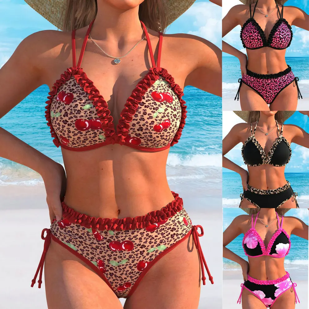 

Floral 3D Vintage Triangle Bikini Halter High Waist Bikini Sexy Brazilian Bathing Suit backless Split Swimsuit