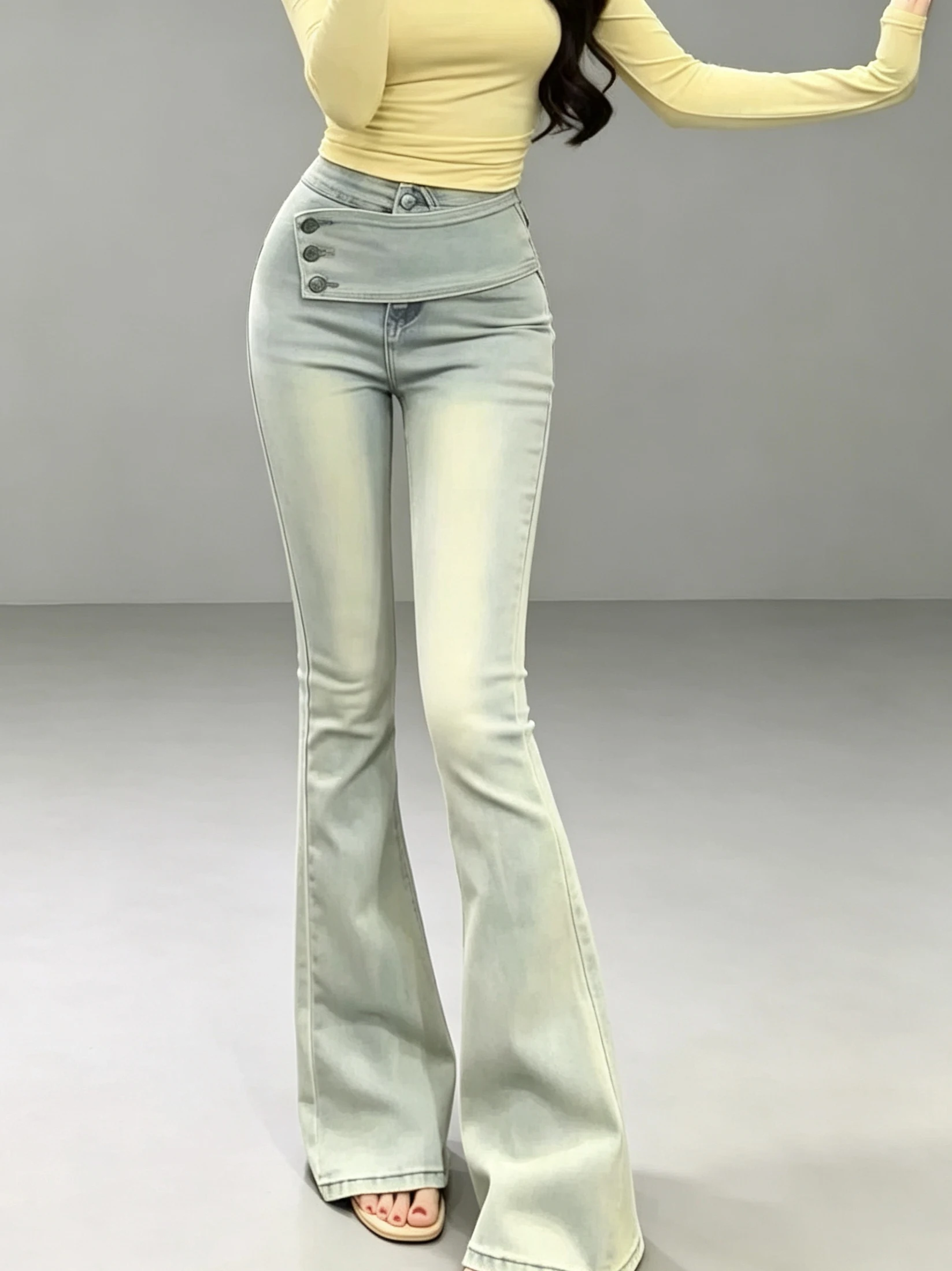 Retro Blue Bell Bottom High Waist Slimming Jeans Women's Autumn New Style Design Sense Side Buckle Floor Length Pants