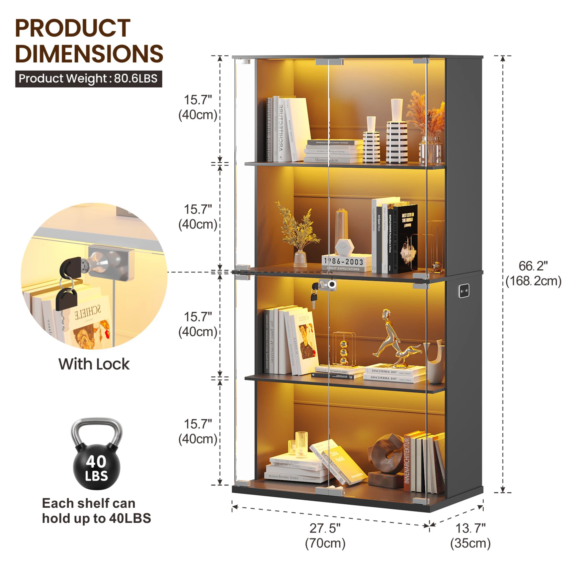 خزانة عرض JDPAG بأبواب زجاجية، خزانة تحف 66 بوصة مع رف قابل للتعديل وقابل للقفل، خزانة كتب من 4 طبقات مع 3 أضواء ملونة #6