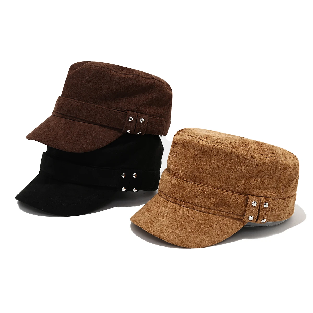 Unisex Solid Colored Suede Military Cap Spring and Autumn Outdoor Adjustable Hip Hop Hats Men Flat Top Caps