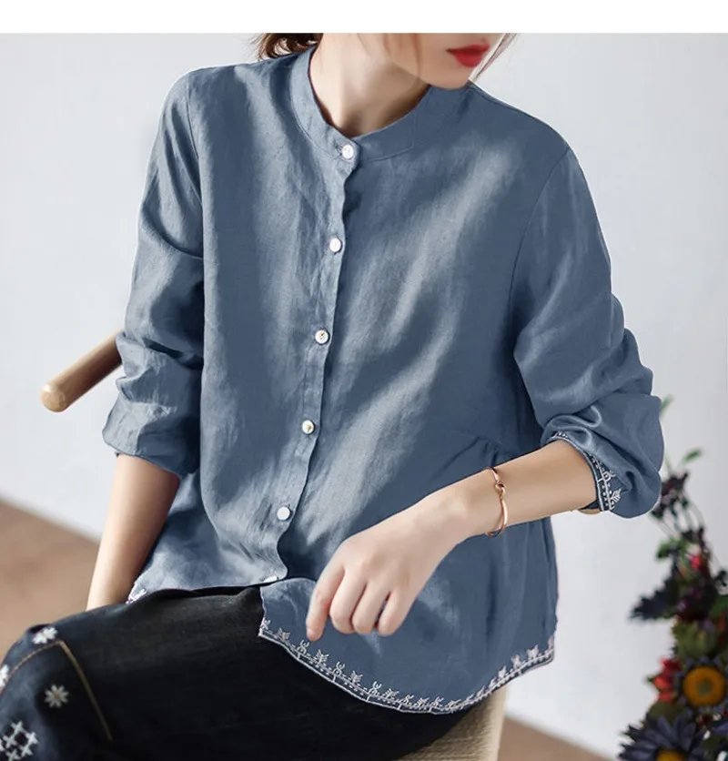 

Casual Cotton Linen Blusas Shirt Women's Spring Floral Print Round Collar Blouse Y2k Long Sleeve Loose Retro Shirt Ladies Tops