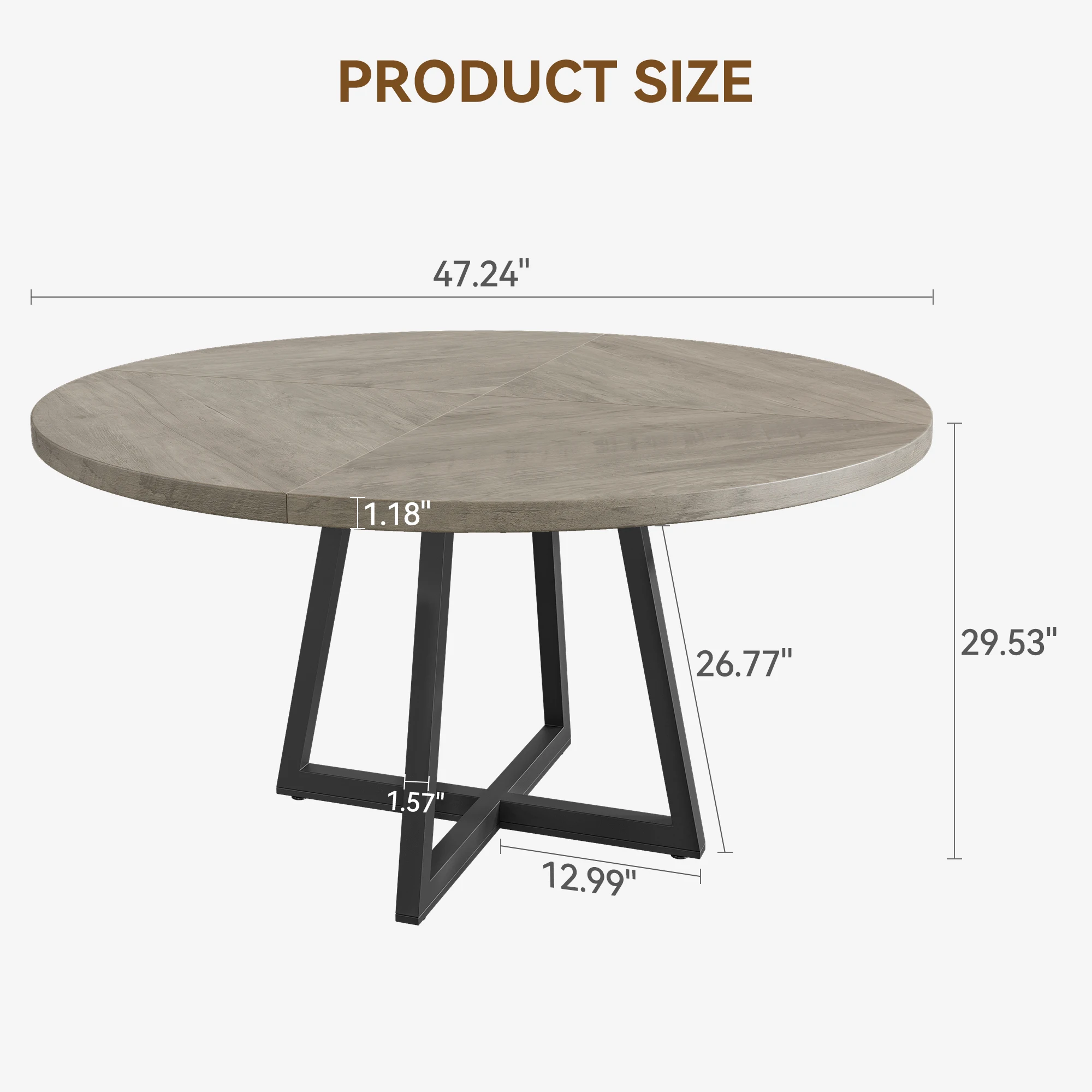 47-inch Round Large Dining Table, Wooden Kitchen Table for 4, Industrial Dinner Table with Wooden Top for kitchen