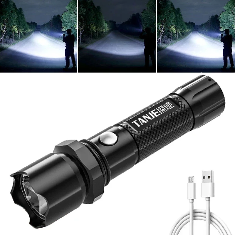 Portable Bright LED Flashlight 3 Modes USB Rechargeable Focusing Light Flash Light Mobile Power Outdoor Camping Flashlight