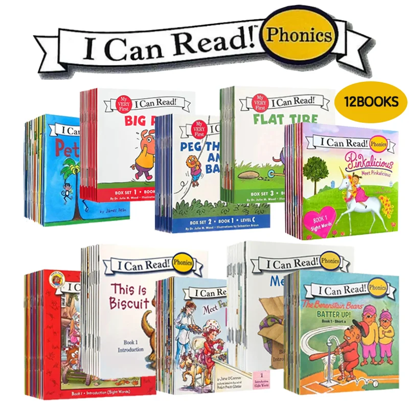 12 Books Set, I Can Read Series, Mini Portable English Picture Books, Kids Storybooks, Primary School Early English Reading
