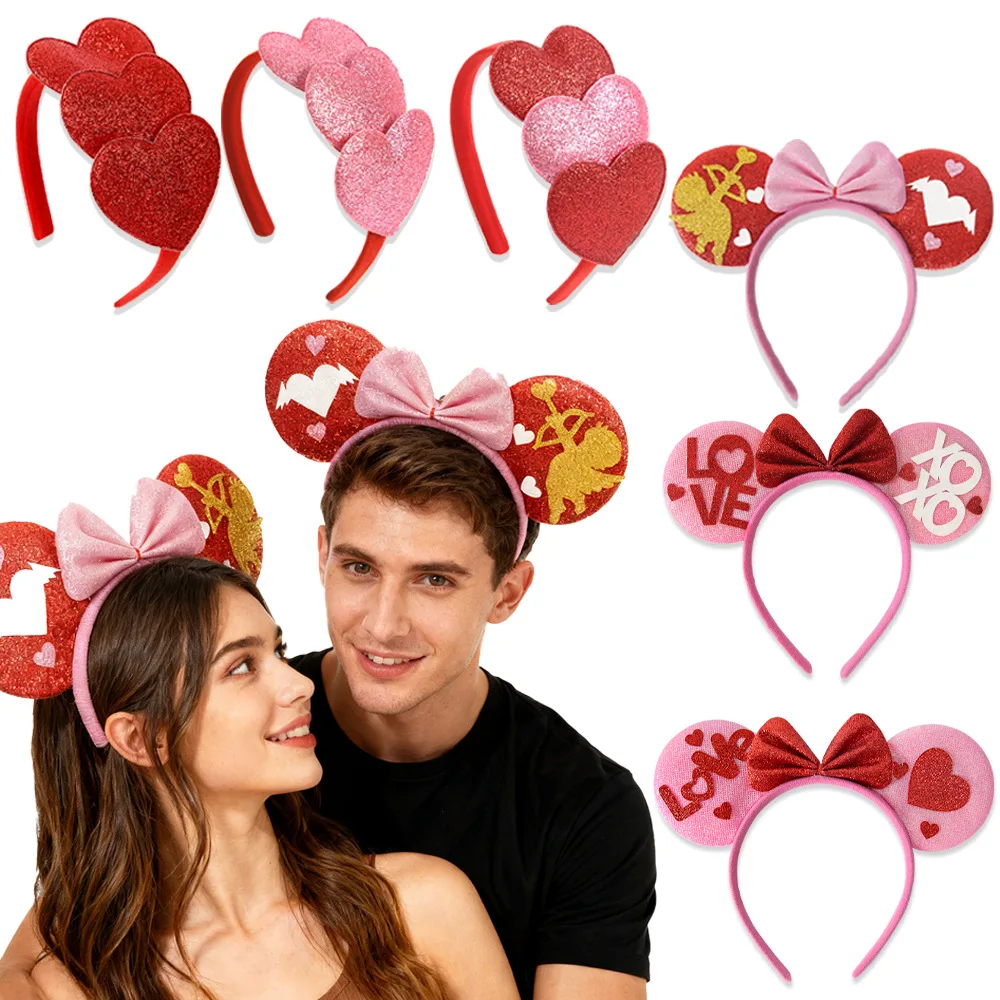 مجموعة عصابات رأس على شكل قلب لامع لعيد الحب مكونة من قطعة واحدة، إكسسوارات شعر على شكل حب للأزواج، عصابات رأس رومانسية على طراز ميني #1
