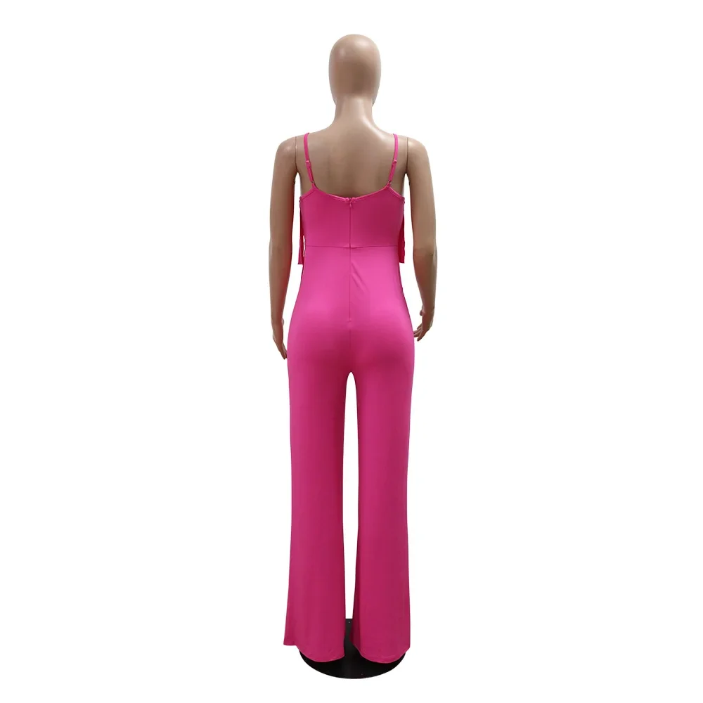Women's Fashion Casual Halter Solid Color Fringe High Elastic Slimming Wide Leg Pants Comfortable Vacation Jumpsuit